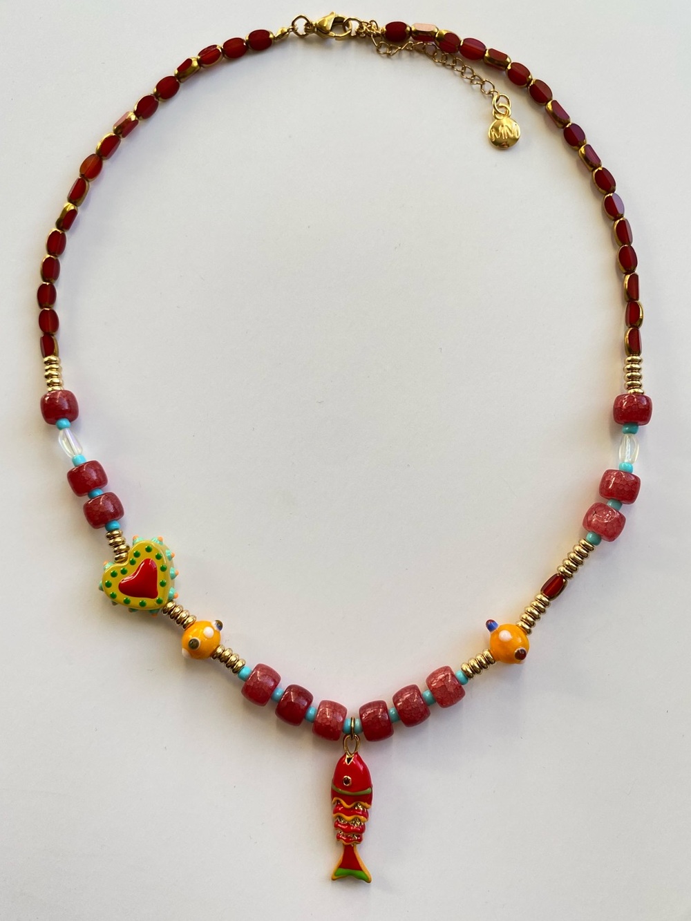 NEW Mayamar Red Folk Art Fish Beaded Boho Necklace